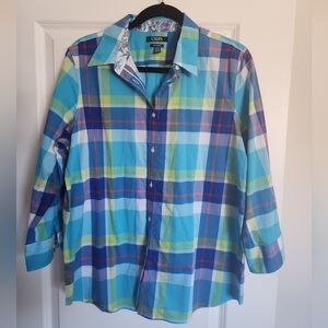 Chaps Blue and Green Plaid Button Down Shirt